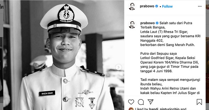 Kerabat Menhan Prabowo Ikut Gugur pada Insiden Nanggala 402